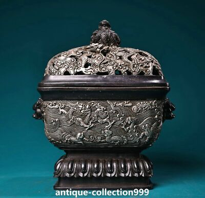 #ad 7.8quot; Old Dynasty Bronze Silver Dragon Pattern Lion Head Incense Burner Censer $274.99