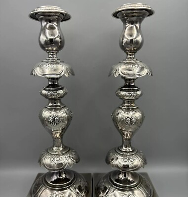 #ad Antique Shabbat silver plated Candlesticks by Norblin Warszawa Judaica 14” $274.50