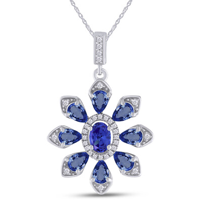 #ad Flower Pendant Necklace Blue Sapphire amp; 925 Sterling 18quot; Chain $81.89