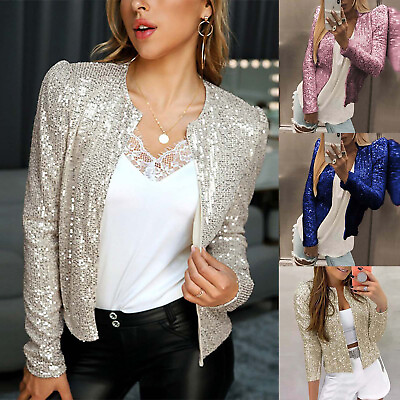 #ad Women#x27;s Fashion Stand Collar Solid Color Sequin Casual Short Jacket $15.51