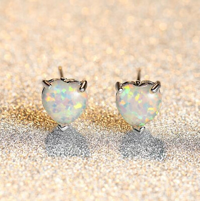 #ad Classic Heart Cut White Fire Opal Gemstone 925 Sterling Silver Stud Earrings $7.20