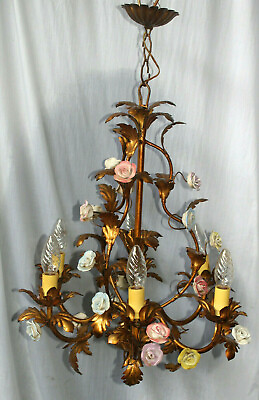 #ad Vintage italian metal gold gilt porcelain roses 6 arm chandelier lamp $877.50