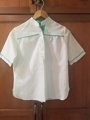 #ad Vintage On Top California Pleated White and Green Blouse Button Shirt Size L $15.99