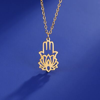 #ad Lotus Hamsa Hand Necklace Women Amulet Hand of Fatima Stainless Steel Jewelry $6.29
