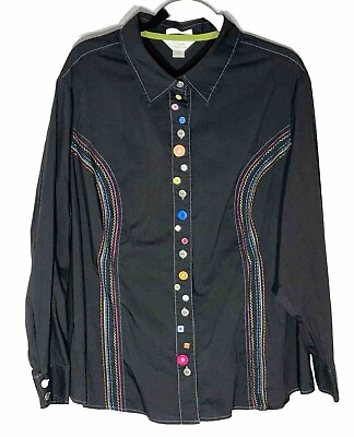 #ad CJ Banks Button Up Shirt Women 3X Plus Long Sleeve Embroidery Artsy Quirky Funky $17.21