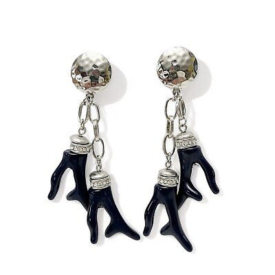 #ad Chico’s Navy Blue Acrylic Coral Reef Branch Crystal Chain Drop Dangle Earrings $17.99