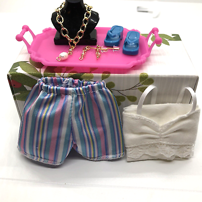 #ad BARBIE FASHION Pink Blue Stripe Shorts Lace Trim White Top Jewelry Sandals $7.49