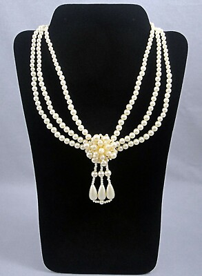 #ad 1990#x27;s 3 Strand Faux Pearl Necklace Stationary Cluster Pendant Teardrop Dangles $9.99