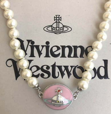 #ad Vivienne Westwood Pink Orb 1 Row Pearl Pendant Necklace White Outlet authentic $98.98