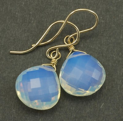 #ad 14k Solid Gold Opalite Earrings Faceted Heart Teardrops Drops Rainbow Sterling $35.00
