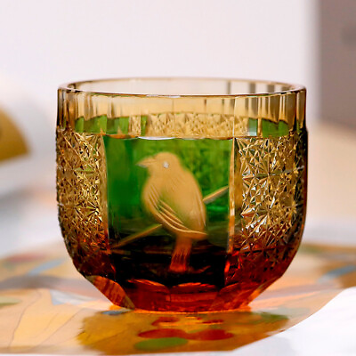 #ad Crystal Amber Green Edo Kiriko Sake Glass Handmade Drinking Glass Tumbler 2oz $69.88