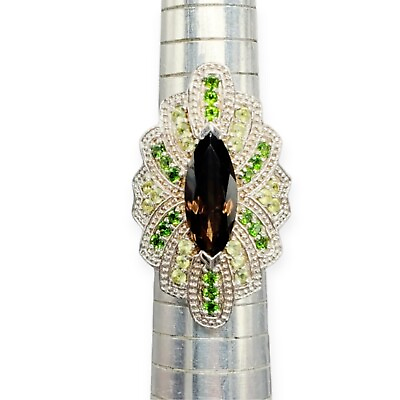 #ad Designer 925 Silver Smokey Topaz Russian Diopside Gem Stone Ring Sz 7 12g $54.99