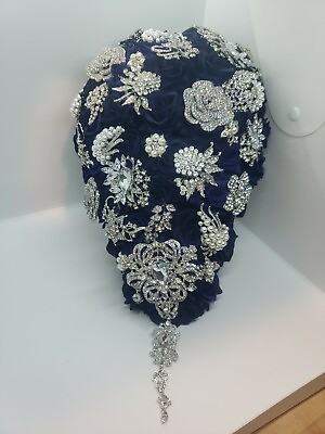 #ad 11” Rhinestone Brooch Bridal Bouquet Navy Blue Wedding Rose with Jewel Décor $175.00