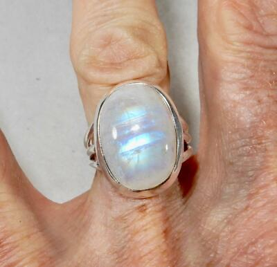#ad Rainbow Moonstone Flashy Oval Ring Triple Banded 925 Sterling Silver Size 7.75 $53.95