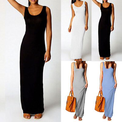 #ad Womens Fashion Elegant Slim Vest Dress Casual Solid Sleeveless Full Long Dresses $3.37