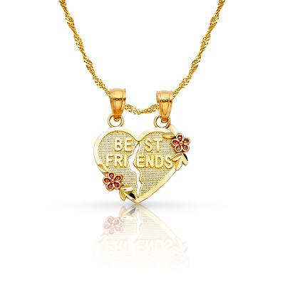 #ad 14K Yellow Gold BEST FRIEND Couple Heart Pendant amp;1.2mm Singapore Chain Necklace $263.00