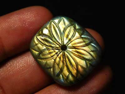 #ad FRONT TO BACK CENTER DRILLED FLASHY LABRADORITE CARVED CUSHION 26X24MM 43 CTS $10.13