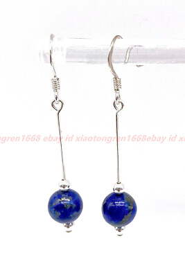 #ad Natural Silver Long Drop Dangle Ball Earrings Lapis Lazuli Gems Round Bead 10mm $2.99