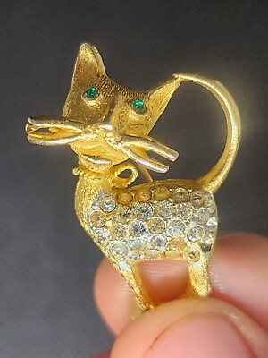 #ad Gorgeous Sparkling Rhinestone Kitty Cat Brooch Pin with Gold Tone Green Eyes $8.99