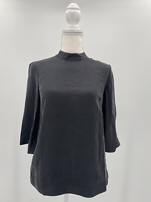 #ad Siizu New York Sz XS Black Silk Mock Neck Long Sleeve Blouse Keyhole Back $19.99