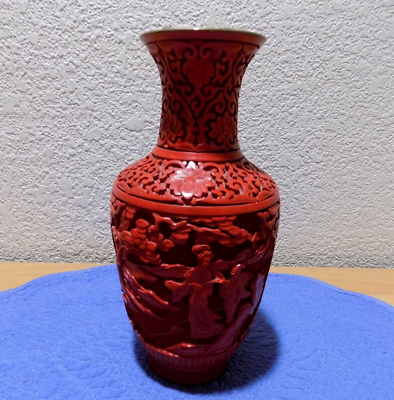 #ad Chinese Red Lacquered Cinnabar Vase with Blue Enamel 9 Inch $174.99