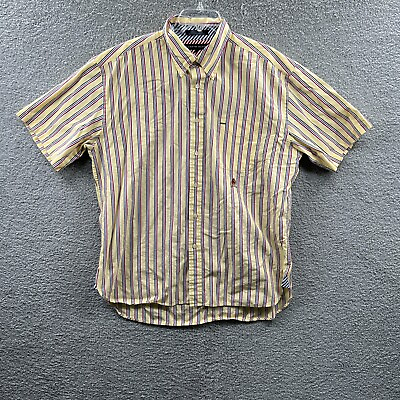 #ad Tommy Hilfiger Mens Shirt Extra Large Yellow Striped Short Sleeve Button Front $14.99