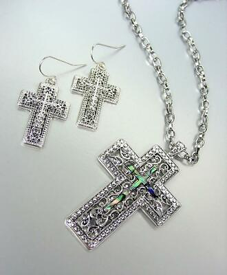 #ad CLASSIC Designer Silver Filigree Mother of Pearl Shell Cross Necklace amp; Earrings $18.39