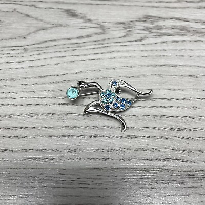 #ad Vintage Silver Tone Rhinestone Blue Teal Goose duck Bird Pin Brooch 2quot; $14.95
