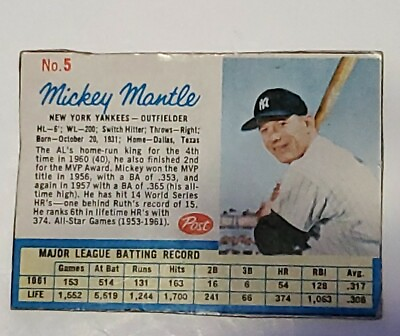 #ad 1962 Post Cereal Baseball #5 Mickey Mantle Hand Cut New York Yankees $34.99