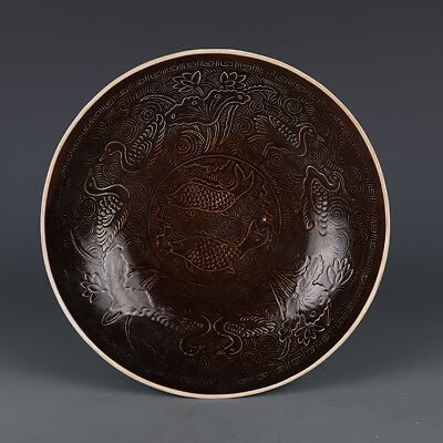 #ad 8.4 quot;China manual porcelain Song dynasty Ding Kiln Sauce glaze Pisces disc $319.20