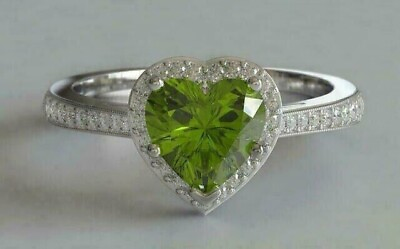 #ad Heart Cut Simulated Peridot Women#x27;s Stunning Halo Ring In 14K White Gold Plated $130.66