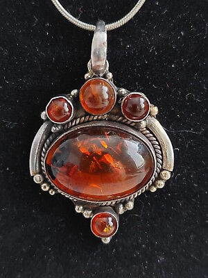 #ad Vintage Sterling Silver Large Baltic Amber Stone Designer Indian Pendant Only $85.00