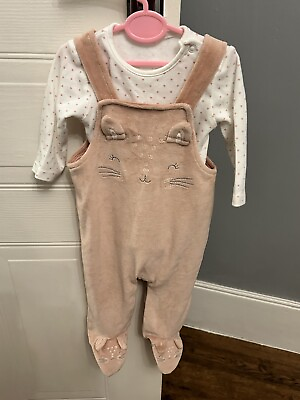 #ad George Pink Bunny Velour Dungarees Outfit Set Cute 3 6 Months Fab Condition GBP 4.00