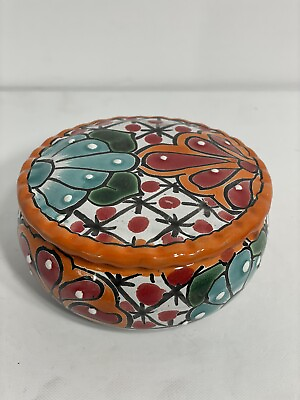 #ad Vintage Mexican Round Jewelry Trinket Box Talavera Redware 4.25quot; Diameter $19.99