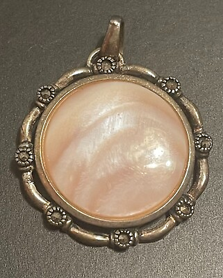 #ad Vintage Mother of Pearl Round Sterling Silver Pendant Pinkish mop $24.99