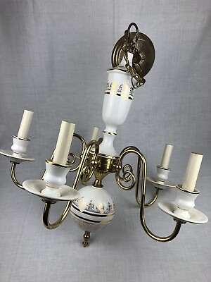 #ad Vintage MCM Chandelier 5 Arm Light Gold White Brass amp; Porcelain Ornate $210.99