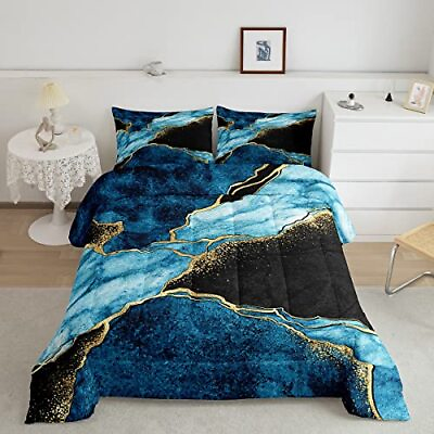 #ad Navy Blue Marble Bedding Set TwinBlack Blue Gold Marble Print Duvet InsertL... $64.69