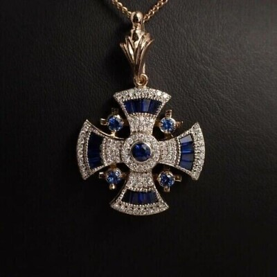 #ad 2.25 Ct Simulated Sapphires Diamond Maltese Cross Pendant 14K Rose Gold Plated $160.43