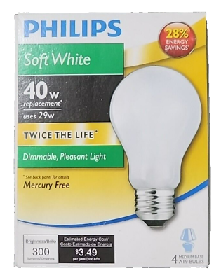 #ad Philips Dimmable Bulbs Soft White NOT LED A19 Medium Base 29W 300 Lumens 4 Bulbs $11.99