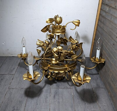 #ad #ad Vintage Gold Gilt Tole Metal 6 Light Floral Chandelier Italian Hollywood Regency $450.00