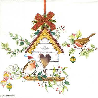 #ad #ad S309# 3 x Single SMALL Paper Napkins Decoupage Christmas Bird House Nesting Box $3.69