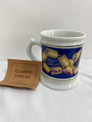 #ad Retro Clark’s Spool Cotton Coffee Porcelain Mug Cup Franklin Corner Store 1984 $11.95