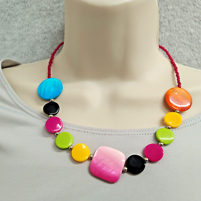 #ad Womens Necklace Pink Silver Tone 19.5 in Long Colorful Runway Boho Holiday Gift $12.99