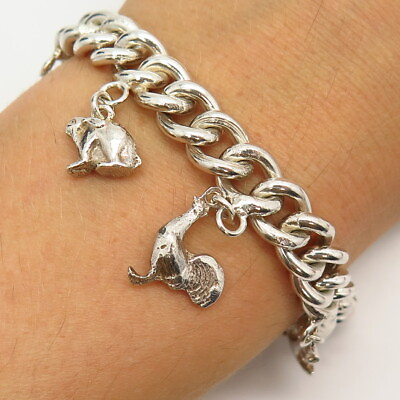 #ad 925 Sterling Silver Vintage Assorted Charms Solid Cable Link Bracelet 6 1 4quot; $222.99