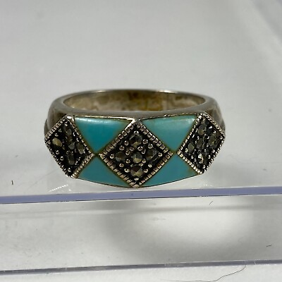#ad Vintage Diamond Shaped Sterling Silver .925 Triangle Turquoise Shaped Stone Ring $24.59