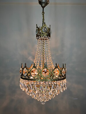 #ad Antique Vintage French Brass amp; Crystals Chandelier Lighting Ceiling Lamp 1960s $525.00