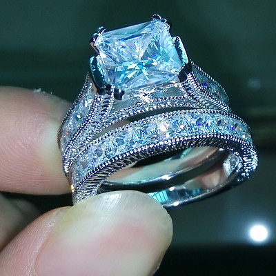 #ad 3.5 Ct Princess Cut Aquamarine Gemstone 10K White Gold New Bridal Women Ring Set $142.80