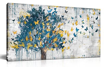 #ad Large Canvas Wall Art Blue Tree Golden Butterflies Picture Abstract Grey Graf $76.54