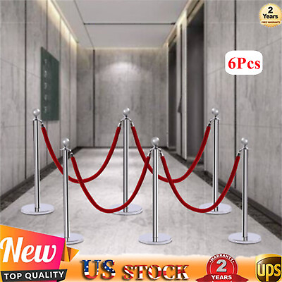 #ad 6Pcs Silver Crowd Control Barriers Queue Line with Red Velvet Ropes for Theater $76.84