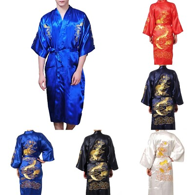 #ad Sleepwear Men Bathrobe M 2XL Navy Blue Nightwear Pajamas Red Bath Robe C $47.81